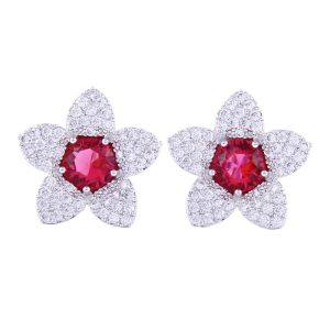 Flower-shaped Clip-on Red Zirconia with Full Rhinestone Earrings