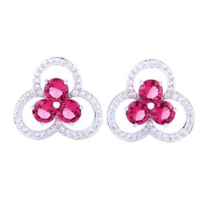 Petal-shaped Red Zirconia with Rhinestone Inlaid Elegant Stud Earrings