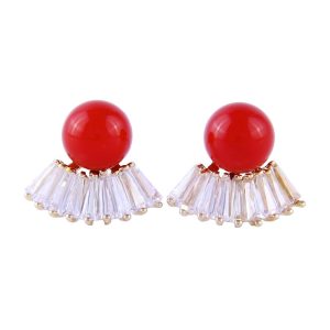 Red Bead Fan-shaped Exquisite Zircon Stud Earrings